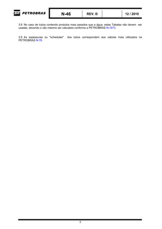 N-46 REV. D 12 / 2010
3
3.8 No caso de tubos contendo produtos mais pesados que a água, estas Tabelas não devem ser
usadas, devendo o vão máximo ser calculado conforme a PETROBRAS N-1673.
3.9 As espessuras ou "schedules" dos tubos correspondem aos valores mais utilizados na
PETROBRAS N-76.
 