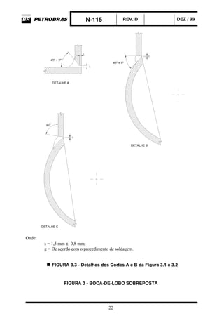 N-115 REV. D DEZ / 99
22
Onde:
s = 1,5 mm ± 0,8 mm;
g = De acordo com o procedimento de soldagem.
FIGURA 3.3 - Detalhes dos Cortes A e B da Figura 3.1 e 3.2
FIGURA 3 - BOCA-DE-LOBO SOBREPOSTA
DETALHE A
DETALHE B
DETALHE C
45º ± 5º
45º ± 5º
80º
 