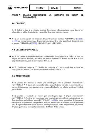 N-115 REV. D DEZ / 99
55
ANEXO A - EXAMES REQUERIDOS NA INSPEÇÃO DE SOLDA DE
TUBULAÇÕES
A-1 OBJETIVO
A-1.1 Definir o tipo e a extensão mínima dos exames não-destrutivos a que devem ser
submetidas as soldas de tubulações construídas de acordo com esta Norma.
A-1.2 Os exames devem ser aplicados de acordo com as normas PETROBRAS N-159l a
N-1598 e o pessoal encarregado de executar os exames deve estar qualificado de acordo com
as normas PETROBRAS N-1590, ABENDE NA-01 e FBTS-001.
A-2 CLASSES DE INSPEÇÃO
A-2.1 As classes de inspeção devem ser determinadas de acordo com a TABELA A-1, em
função do tipo de material, da classe de pressão definida na norma ASME B16.5 e da
temperatura da linha, com as exceções do item A-2.2.
A-2.2 “Fluidos de categoria D”, “fluidos de categoria M”, “serviços cíclicos severos” ou
“serviços a alta pressão” são definidos conforme norma ASME B31.3.
A-3 AMOSTRAGEM
A-3.1 Quando for indicado o exame por amostragem tipo 1 (“random examination”)
(ver TABELA A-2) deve ser examinada toda a circunferência ou todo o comprimento do
número de juntas que corresponderem ao percentual indicado, em relação ao número total de
juntas do lote.
A-3.2 Quando é indicado o exame por amostragem tipo 2 (“spot examination”)
(ver TABELA A-2), deve ser examinada uma extensão correspondente à dimensão de um
filme conforme definido na norma PETROBRAS N-1595 e numa quantidade de juntas que
corresponda ao percentual a inspecionar indicado, em relação ao número total de juntas do
lote. A região examinada deve incluir a interseção com as soldas longitudinais, se houver,
devendo aparecer na radiografia um mínimo de 35 mm destas soldas.
 
