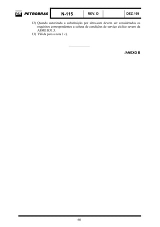 N-115 REV. D DEZ / 99
60
12) Quando autorizada a substituição por ultra-som devem ser considerados os
requisitos correspondentes a coluna de condições de serviço cíclico severo da
ASME B31.3.
13) Válida para a nota 1 c).
_____________
/ANEXO B
 
