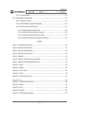 -PÚBLICO-
N-115 REV. H 07 / 2016
8
G.11.2 Juntas Especiais .......................................................................................................... 113
G.12 Informações Complementares .................................................................................................. 114
G.12.1 Isolamento Térmico...................................................................................................... 114
G.12.2 Desmontagem de Ligações Flangeadas...................................................................... 114
G.12.3 Sistemas de Controle de Carga................................................................................... 114
G.12.3.1 Medida Direta do Comprimento ........................................................................... 114
G.12.3.2 Medida do Comprimento por Ultrassom .............................................................. 114
G.12.3.3 Sensores de Monitoramento de Cargas .............................................................. 114
G.12.3.4 Estojos Indicadores de Carregamento Mecânico................................................ 115
Figuras
Figura 1 - Tolerâncias Dimensionais..................................................................................................... 22
Figura 2 - Boca-de-Lobo Penetrante..................................................................................................... 37
Figura 3 - Boca-de-Lobo Sobreposta.................................................................................................... 38
Figura 4 - Montagem dos “Cachorros” .................................................................................................. 42
Figura 5 - “Batoque” .............................................................................................................................. 43
Figura 6 - Folga em Junta Tipo Encaixe para Solda............................................................................. 51
Figura 7 - Exemplo de Perfil de Medição de Dureza ............................................................................ 54
Figura D.1 - Faixas ................................................................................................................................ 83
Figura D.2 - Chapas .............................................................................................................................. 84
Figura D.3 - Tubo ou Barra.................................................................................................................... 84
Figura D.4 - Joelho................................................................................................................................ 85
Figura D.5 - Tê para Solda de Topo...................................................................................................... 85
Figura D.6 - Luva................................................................................................................................... 85
Figura D.7 - Tê para Encaixe de Solda ................................................................................................. 85
Figura D.8 - Flange................................................................................................................................ 86
Figura D.9 - Curva ................................................................................................................................. 86
Figura D.10 - Válvula............................................................................................................................. 86
Figura G.1 - Lubrificação na Montagem.............................................................................................. 111
 
