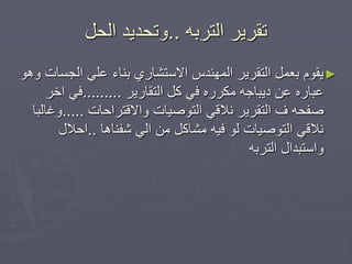 ّ‫انرشت‬ ‫ذمشٚش‬..‫انذم‬ ‫ٔذذذٚذ‬
►ْٕٔ ‫انجغاخ‬ ٙ‫عه‬ ‫تُاء‬ ٘‫االعرشاس‬ ‫انًُٓذط‬ ‫انرمشٚش‬ ‫تعًم‬ ‫ٚمٕو‬
‫انرماسٚش‬ ‫كم‬ ٙ‫ف‬ ِ‫يكشس‬ ّ‫دٚثاج‬ ٍ‫ع‬ ِ‫عثاس‬.........‫اخش‬ ٙ‫ف‬
‫ٔااللرشاداخ‬ ‫انرٕطٛاخ‬ ٙ‫َالل‬ ‫انرمشٚش‬ ‫ف‬ ّ‫طفذ‬.....‫ٔغانثا‬
‫شفُاْا‬ ٙ‫ان‬ ٍ‫ي‬ ‫يشاكم‬ ّٛ‫ف‬ ٕ‫ن‬ ‫انرٕطٛاخ‬ ٙ‫َالل‬..‫ادالل‬
ّ‫انرشت‬ ‫ٔاعرثذال‬
 