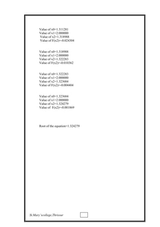 Value of x0=1.311281
Value of x1=2.000000
Value of x2=1.318988
Value of F(x2)=-0.024304
Value of x0=1.318988
Value of x1=2.000000
Value of x2=1.322283
Value of F(x2)=-0.010362
Value of x0=1.322283
Value of x1=2.000000
Value of x2=1.323684
Value of F(x2)=-0.004404
Value of x0=1.323684
Value of x1=2.000000
Value of x2=1.324279
Value of F(x2)=-0.001869
Root of the equation=1.324279
St.Mary’scollege,Thrissur
 