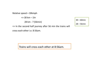 Relative speed = 30kmph
=> 30 km – 1hr
28 km - ? (56min)
=> In the second half journey after 56 min the trains will
cross each other i.e. 8:56am.
30 – 60min
28 – 56min
Trains will cross each other at 8:56am.
 