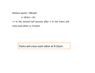 Relative speed = 18kmph
=> 18 km – 1hr
=> In the second half journey after 1 hr the trains will
cross each other i.e. 9:15am.
Trains will cross each other at 9:15am.
 