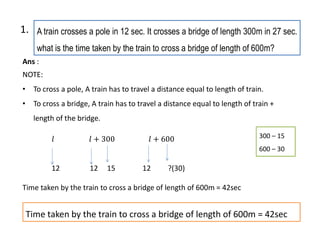 A train crosses a pole in 12 sec. It crosses a bridge of length 300m in 27 sec.
what is the time taken by the train to cross a bridge of length of 600m?
Ans :
NOTE:
• To cross a pole, A train has to travel a distance equal to length of train.
• To cross a bridge, A train has to travel a distance equal to length of train +
length of the bridge.
12 12 15 12 ?(30)
Time taken by the train to cross a bridge of length of 600m = 42sec
1.
Time taken by the train to cross a bridge of length of 600m = 42sec
300 – 15
600 – 30
 