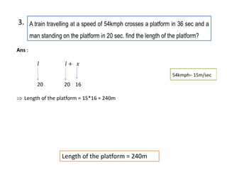 A train travelling at a speed of 54kmph crosses a platform in 36 sec and a
man standing on the platform in 20 sec. find the length of the platform?
3.
Ans :
20 20 16
 Length of the platform = 15*16 = 240m
Length of the platform = 240m
54kmph– 15m/sec
 