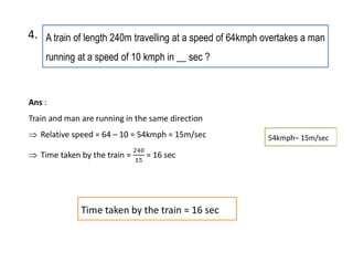 A train of length 240m travelling at a speed of 64kmph overtakes a man
running at a speed of 10 kmph in __ sec ?
4.
Time taken by the train = 16 sec
Ans :
Train and man are running in the same direction
 Relative speed = 64 – 10 = 54kmph = 15m/sec
 Time taken by the train = = 16 sec
54kmph– 15m/sec
 