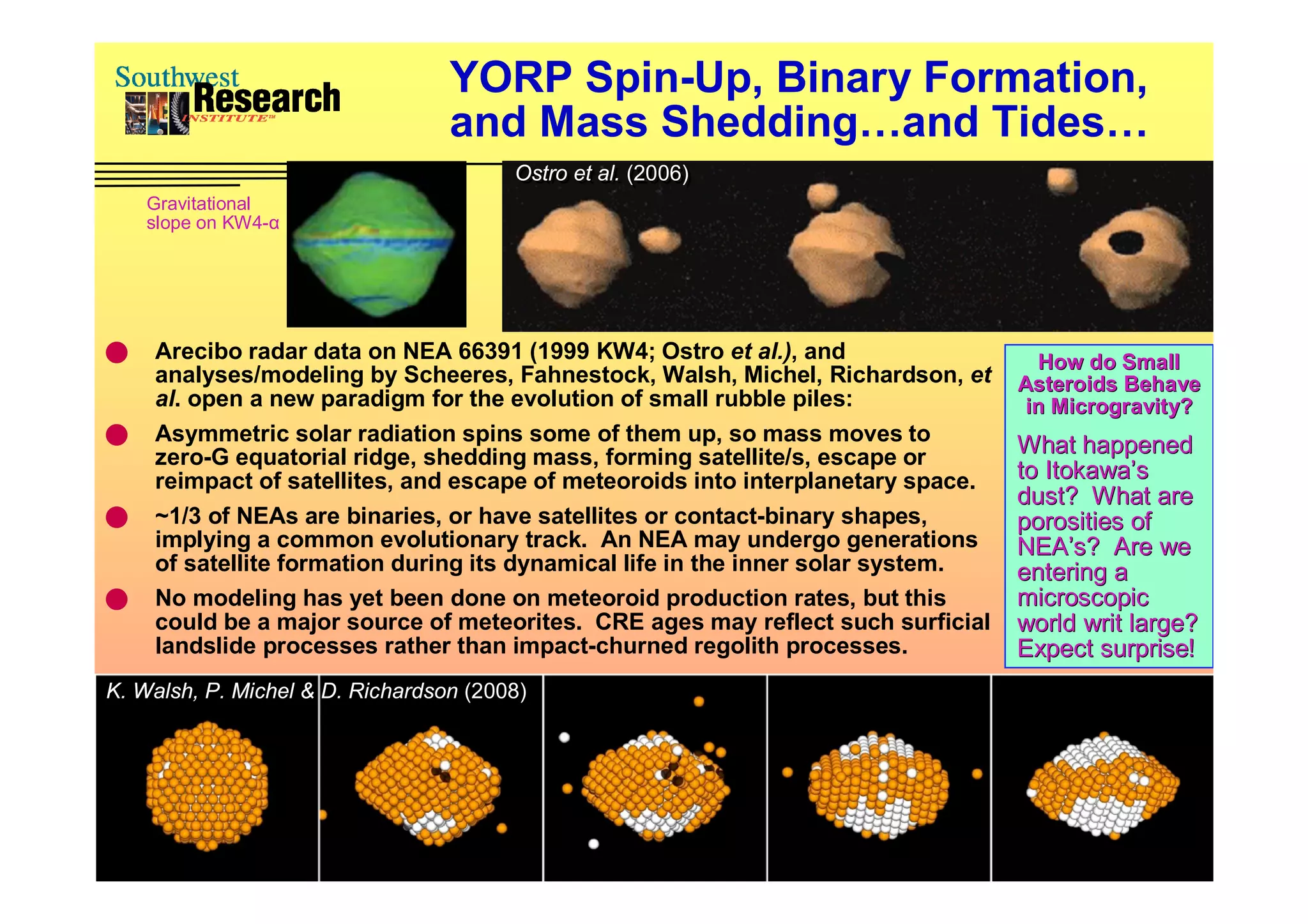 YORP Spin-Up, Binary Formation,
                                  and Mass Shedding…and Tides…
                                        Ostro et al. (2006)
                                        Ostro et al. (2006)
    Gravitational
    slope on KW4-α




   Arecibo radar data on NEA 66391 (1999 KW4; Ostro et al.), and                   How do Small
    analyses/modeling by Scheeres, Fahnestock, Walsh, Michel, Richardson, et      Asteroids Behave
    al. open a new paradigm for the evolution of small rubble piles:               in Microgravity?
   Asymmetric solar radiation spins some of them up, so mass moves to
    zero-G equatorial ridge, shedding mass, forming satellite/s, escape or
                                                                                  What happened
    reimpact of satellites, and escape of meteoroids into interplanetary space.   to Itokawa’s
                                                                                  dust? What are
   ~1/3 of NEAs are binaries, or have satellites or contact-binary shapes,       porosities of
    implying a common evolutionary track. An NEA may undergo generations          NEA’s? Are we
                                                                                  NEA’s?
    of satellite formation during its dynamical life in the inner solar system.   entering a
   No modeling has yet been done on meteoroid production rates, but this         microscopic
    could be a major source of meteorites. CRE ages may reflect such surficial    world writ large?
    landslide processes rather than impact-churned regolith processes.            Expect surprise!
K. Walsh, P. Michel & D. Richardson (2008)
K. Walsh, P. Michel & D. Richardson (2008)
 