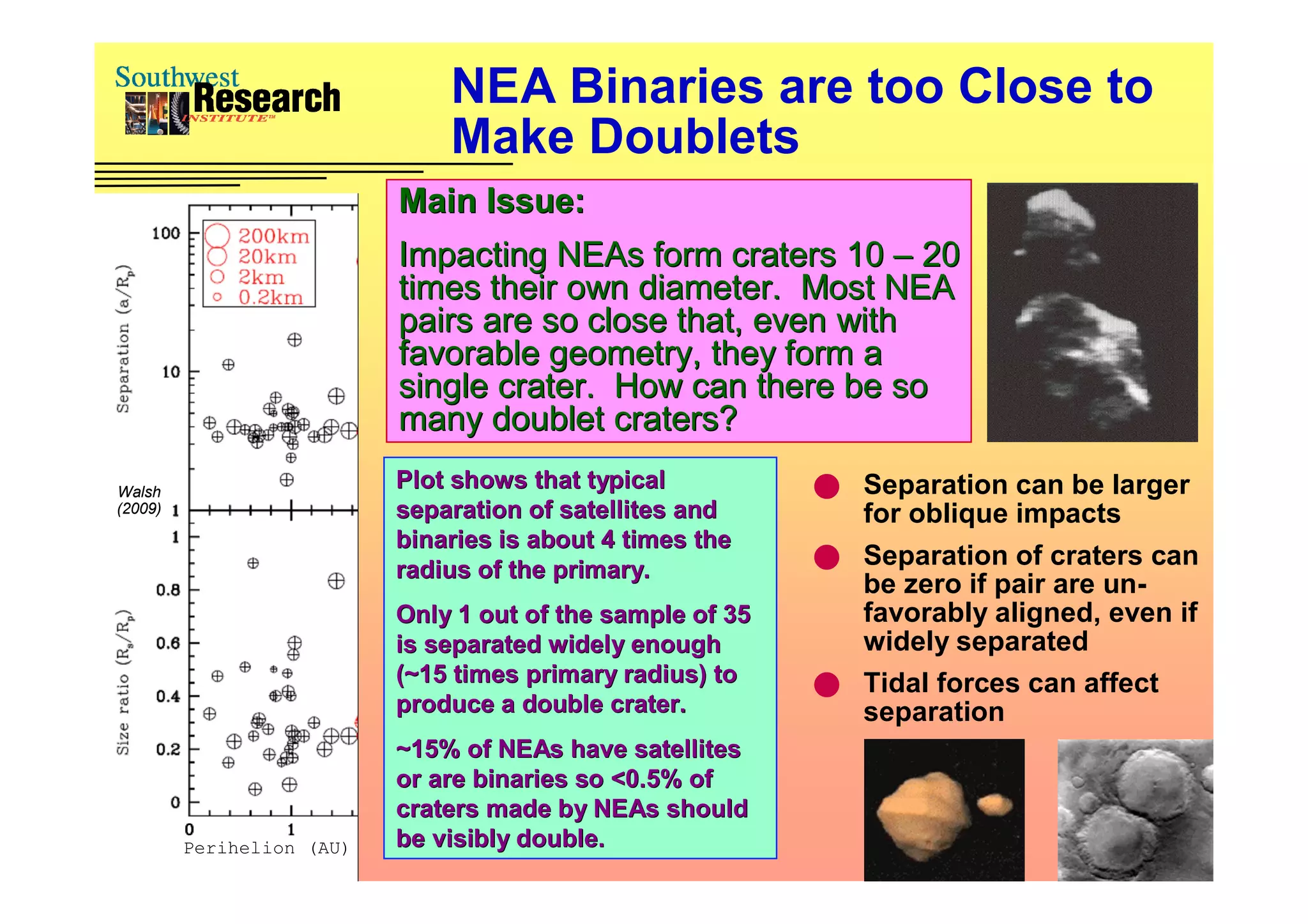 NEA Binaries are too Close to
                               Make Doublets
                           Main Issue:
                           Impacting NEAs form craters 10 – 20
                           times their own diameter. Most NEA
                           pairs are so close that, even with
                           favorable geometry, they form a
                           single crater. How can there be so
                           many doublet craters?
Walsh
                           Plot shows that typical           Separation can be larger
(2009)                     separation of satellites and        for oblique impacts
                           binaries is about 4 times the
                                                             Separation of craters can
                           radius of the primary.
                                                              be zero if pair are un-
                           Only 1 out of the sample of 35     favorably aligned, even if
                           is separated widely enough         widely separated
                           (~15 times primary radius) to     Tidal forces can affect
                           produce a double crater.           separation
                           ~15% of NEAs have satellites
                           or are binaries so <0.5% of
                           craters made by NEAs should
         Perihelion (AU)   be visibly double.
 