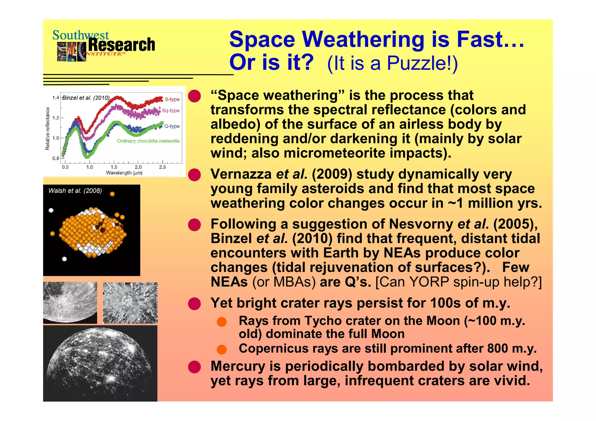Space Weathering is Fast…
                                   Or is it? (It is a Puzzle!)
    Binzel et al. (2010)    “Space weathering” is the process that
                             transforms the spectral reflectance (colors and
                             albedo) of the surface of an airless body by
                             reddening and/or darkening it (mainly by solar
                             wind; also micrometeorite impacts).
                            Vernazza et al. (2009) study dynamically very
Walsh et al. (2008)
Walsh et al. (2008)          young family asteroids and find that most space
                             weathering color changes occur in ~1 million yrs.
                            Following a suggestion of Nesvorny et al. (2005),
                             Binzel et al. (2010) find that frequent, distant tidal
                             encounters with Earth by NEAs produce color
                             changes (tidal rejuvenation of surfaces?). Few
                             NEAs (or MBAs) are Q’s. [Can YORP spin-up help?]
                            Yet bright crater rays persist for 100s of m.y.
                                  Rays from Tycho crater on the Moon (~100 m.y.
                                   old) dominate the full Moon
                                  Copernicus rays are still prominent after 800 m.y.
                            Mercury is periodically bombarded by solar wind,
                              yet rays from large, infrequent craters are vivid.
 