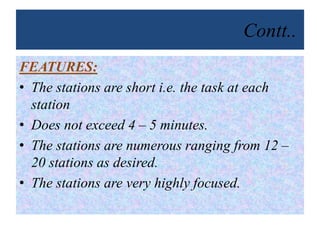 Contt..
FEATURES:
• The stations are short i.e. the task at each
station
• Does not exceed 4 – 5 minutes.
• The stations are numerous ranging from 12 –
20 stations as desired.
• The stations are very highly focused.
 
