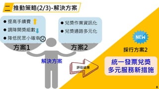  提高手續費
 調降開獎組數
 降低民眾小確幸
解決方案 統一發票兌獎
多元服務新措施
 兌獎作業資訊化
 兌獎通路多元化
評估結果
方案1 方案2 採行方案2
8
推動策略(2/3)-解決方案二
 