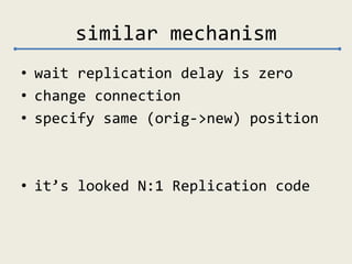 similar mechanism
• wait replication delay is zero
• change connection
• specify same (orig->new) position
• it’s looked N...