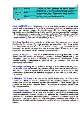 Cámbrico
( 542-488,3
m.a.)
Superior El clima, en líneas generales, fue cálido y estable y
surgieron un gran número de seres vivos, básicamente
marinos , sobre todo foraminíferos y radiolarios. Y
aparecieron grandes grupos de metazoos: esponjas
calcáreas, cistoideos, carpoideos, crinoideos,
gasterópodos, y sobre todo trilobites.
Medio
Inferior
N-20150107
Cámbrico (542-488 m.a.): En el Cámbrico tubo lugar la mayor diversificación de la
vida de toda la historia de la Tierra. En la “explosión cámbrica” se originaron casi
todos los grandes grupos de invertebrados. En los mares aparecieron
artrópodos como los trilobites, animales marinos característicos del Paleozoico,
y braquiópodos, seres con concha similares a moluscos. Vivian también en estos
ecosistemas esponjas, equinodermos, y vertebrados precursores de los peces.
En este periodo aparecieron las algas rojas y verdes.
Ordovicico (488-443 m.a.): Durante el Ordovicico, los trilobites continuaron
dominando los mares. En este periodo se produjeron dos importantes
acontecimientos: la aparición de los primeros peces y el comienzo de la
conquista del medio terrestre por las primeras algas. Estas tuvieron que
desarrollar sistemas de sostén para mantenerse erguidas.
Silúrico (143-416) m.a.): La vida en la tierra firme se extendió y diversificó, como
testimonian los fósiles de hongos y plantas (helechos primitivos), y de
artrópodos, como las arañas y ciempiés. La fauna marina era similar a la del
periodo anterior. Continuaba el dominio de los trilobites, que ganaron
complejidad y diversidad.
Devónico (416-359 m.a): En los mares se produjo la diversificación de los peces.
En la tierra firme aparecieron las primeras plantas con semillas y los insectos.
Pero el hecho más destacado de la colonización del medio terrestre por los
vertebrados: aparecieron los primeros tetrápodos o animales con cuatro patas,
los anfibios.
Carbonífero (290-251m.a.): En los mares vivían peces muy similares a los
actuales. Los trilobites eran más escasos que en periodos anteriores. En tierra
firme había bosque de helechos gigantes (cuya madera y hojas dieron lugar al
carbón). En ellos vivían ciempiés, arañas, escorpiones e insectos. Aparecieron
los primeros reptiles,
Pérmico (290-251 m.a.): A finales del Pérnico se produjo le extinción masiva más
importante de la historia de la Tierra, que provocó la desaparición de la mayoría
de los invertebrados marinos incluidos los trilobites. En tierra firme predominó
un nuevo tipo de plantas, las gimnospermas. Sobrevivieron algunos grupos de
helechos y otras plantas sin flores, pero desde entonces nunca más volvieron a
dominar los ecosistemas. Se extinguieron también algunos grupos de anfibios y
reptiles.
12
 