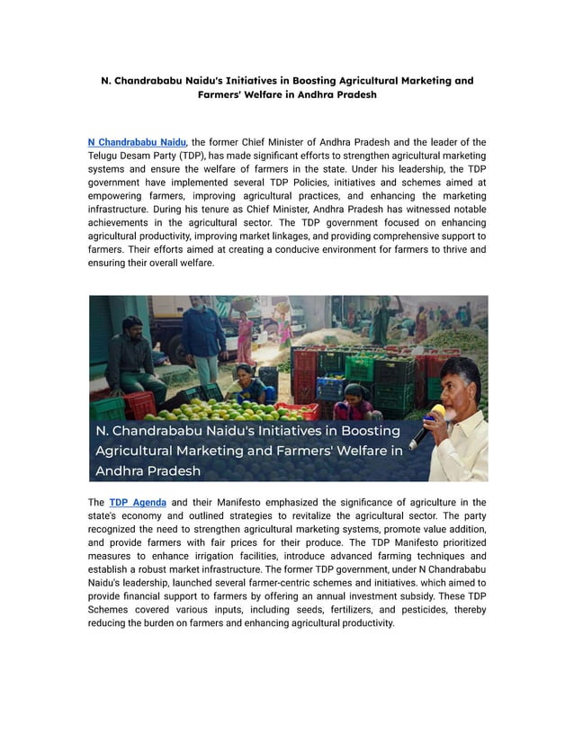 N. Chandrababu Naidu's Initiatives in Boosting Agricultural Marketing and Farmers' Welfare in