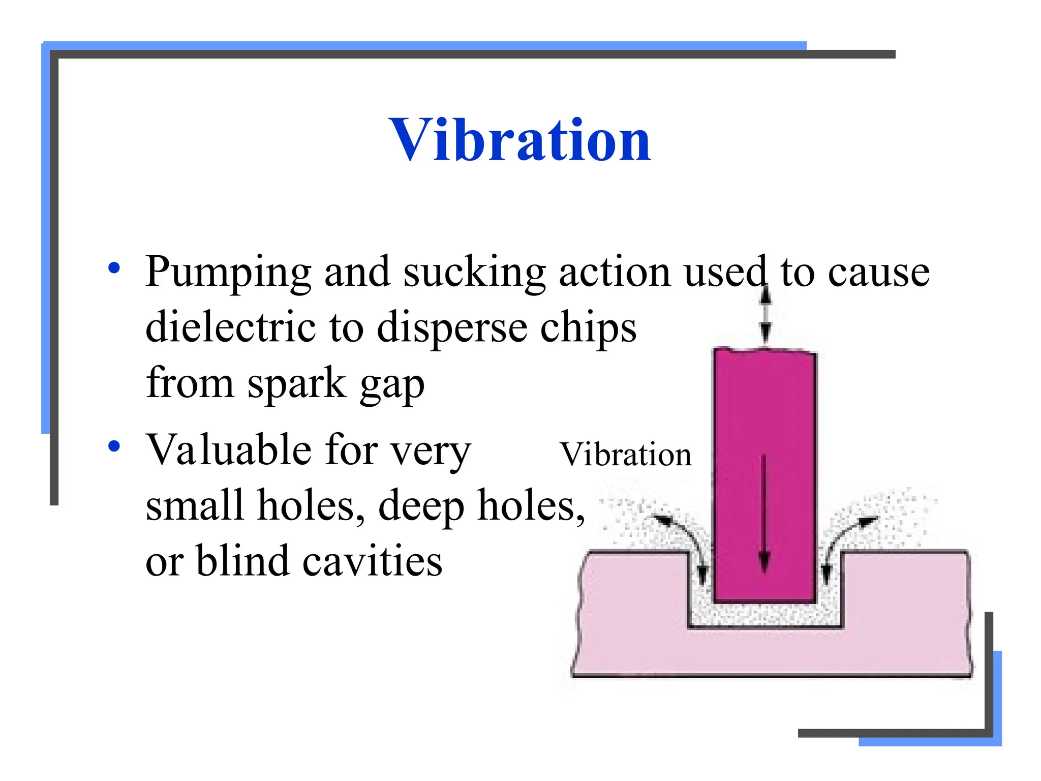 Vibration
Vibration
• Pumping and sucking action used to cause
dielectric to disperse chips
from spark gap
• Valuable for very
small holes, deep holes,
or blind cavities
 