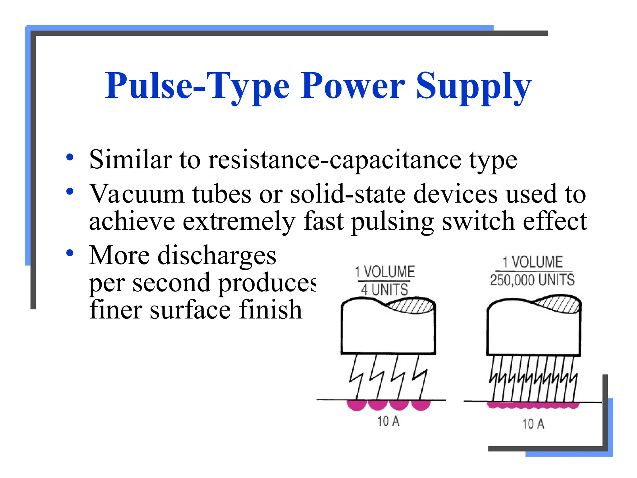 Pulse-Type Power Supply
• Similar to resistance-capacitance type
• Vacuum tubes or solid-state devices used to
achieve extremely fast pulsing switch effect
• More discharges
per second produces
finer surface finish
 