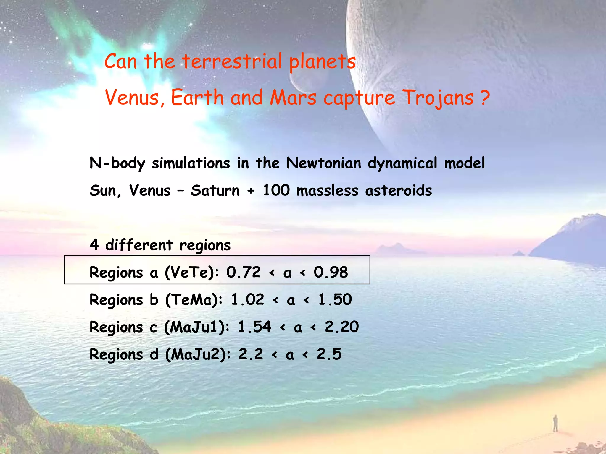 Can the terrestrial planets
 Venus, Earth and Mars capture Trojans ?


N-body simulations in the Newtonian dynamical model
Sun, Venus – Saturn + 100 massless asteroids


4 different regions
Regions a (VeTe): 0.72 < a < 0.98
Regions b (TeMa): 1.02 < a < 1.50
Regions c (MaJu1): 1.54 < a < 2.20
Regions d (MaJu2): 2.2 < a < 2.5
 