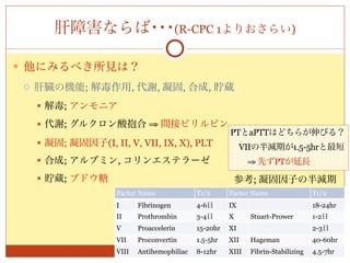 肝障害ならば･･･(R-CPC 1よりおさらい)

 他にみるべき所見は？
   肝臓の機能; 解毒作用, 代謝, 凝固, 合成, 貯蔵
       解毒; アンモニア
       代謝; グルクロン酸抱合 ⇒ 間接ビリルビン
                                                         PTとaPTTはどちらが伸びる？
       凝固; 凝固因子(I, II, V, VII, IX, X), PLT               VIIの半減期が1.5-5hrと最短
       合成; アルブミン, コリンエステラーゼ                               ⇒ 先ずPTが延長
       貯蔵; ブドウ糖                                             参考; 凝固因子の半減期
                      Factor Name              T1/2      Factor Name                 T1/2
                      I      Fibrinogen        4-6日      IX                          18-24hr
                      II     Prothrombin       3-4日      X      Stuart-Prower        1-2日
                      V      Proaccelerin      15-20hr   XI                          2-3日
                      VII    Proconvertin      1.5-5hr   XII    Hageman              40-60hr
                      VIII   Antihemophiliac   8-12hr    XIII   Fibrin-Stabilizing   4.5-7hr
 