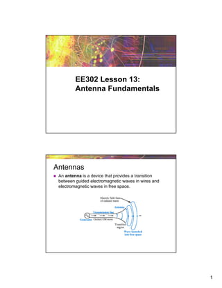 1
EE302 Lesson 13:
Antenna Fundamentals
 An antenna is a device that provides a transition
between guided electromagnetic waves in wires and
electromagnetic waves in free space.
Antennas
 