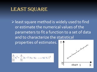 LEAST SQUARE

 least square method is widely used to find
  or estimate the numerical values of the
  parameters to fit a function to a set of data
  and to characterize the statistical
  properties of estimates.
 