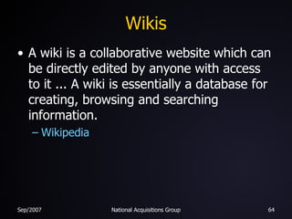 Wikis A wiki is a collaborative website which can be directly edited by anyone with access to it ... A wiki is essentially a database for creating, browsing and searching information. Wikipedia 