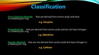 Classification
True (Typical) alkaloids that are derived from amino acids and have
in a heterocyclic ring.
e.g. Atropine
Protoalkaloids that are derived from amino acids and do not have nitrogen
in a heterocyclic ring.
e.g. Ephedrine
Pseudo alkaloids that are not derived from amino acids but have nitrogen in
a heterocyclic ring.
e.g. Caffeine
 