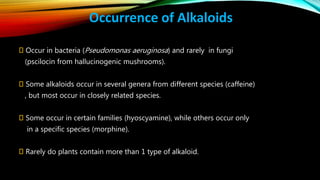 Occurrence of Alkaloids
Occur in bacteria (Pseudomonas aeruginosa) and rarely in fungi
(pscilocin from hallucinogenic mushrooms).
Some alkaloids occur in several genera from different species (caffeine)
, but most occur in closely related species.
Some occur in certain families (hyoscyamine), while others occur only
in a specific species (morphine).
Rarely do plants contain more than 1 type of alkaloid.
 
