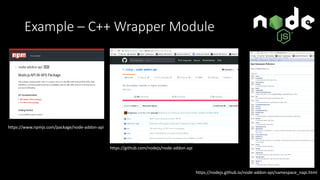Example – C++ Wrapper Module
https://github.com/nodejs/node-addon-api
https://www.npmjs.com/package/node-addon-api
https://nodejs.github.io/node-addon-api/namespace_napi.html
 