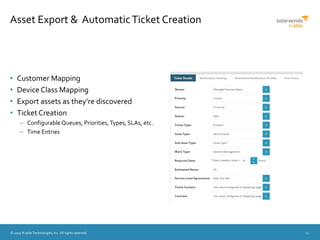 © 2015 N-able Technologies, Inc. All rights reserved. 11
Asset Export & AutomaticTicket Creation
• Customer Mapping
• Device Class Mapping
• Export assets as they’re discovered
• Ticket Creation
– Configurable Queues, Priorities,Types, SLAs, etc.
– Time Entries
 
