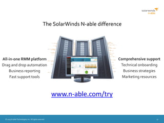 © 2015 N-able Technologies, Inc. All rights reserved. 17
The SolarWinds N-able difference
All-in-one RMM platform
Drag and drop automation
Business reporting
Fast support tools
Comprehensive support
Technical onboarding
Business strategies
Marketing resources
www.n-able.com/try
 