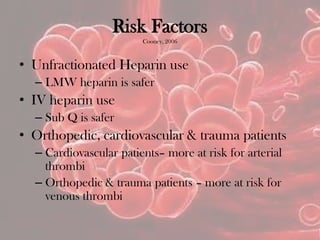 Risk Factors
Cooney, 2006
• Unfractionated Heparin use
– LMW heparin is safer
• IV heparin use
– Sub Q is safer
• Orthopedic, cardiovascular & trauma patients
– Cardiovascular patients– more at risk for arterial
thrombi
– Orthopedic & trauma patients – more at risk for
venous thrombi
 