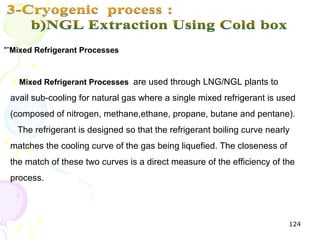 "”Mixed Refrigerant Processes


   Mixed Refrigerant Processes are used through LNG/NGL plants to

 avail sub-cooling for natural gas where a single mixed refrigerant is used
 (composed of nitrogen, methane,ethane, propane, butane and pentane).
   The refrigerant is designed so that the refrigerant boiling curve nearly
 matches the cooling curve of the gas being liquefied. The closeness of
 the match of these two curves is a direct measure of the efficiency of the
 process.




                                                                          124
 