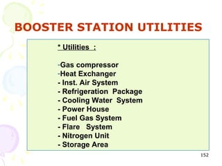 BOOSTER STATION UTILITIES
     * Utilities :

     -Gas compressor
     -Heat Exchanger
     - Inst. Air System
     - Refrigeration Package
     - Cooling Water System
     - Power House
     - Fuel Gas System
     - Flare System
     - Nitrogen Unit
     - Storage Area
                               152
 