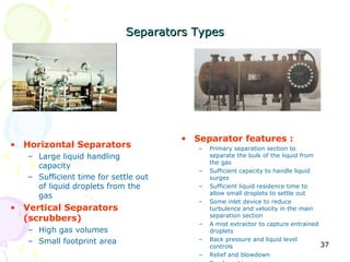Separators Types




                                      • Separator features :
• Horizontal Separators                  –   Primary separation section to
   – Large liquid handling                   separate the bulk of the liquid from
                                             the gas
     capacity
                                         –   Sufficient capacity to handle liquid
   – Sufficient time for settle out          surges
     of liquid droplets from the         –   Sufficient liquid residence time to
                                             allow small droplets to settle out
     gas
                                         –   Some inlet device to reduce
• Vertical Separators                        turbulence and velocity in the main
                                             separation section
  (scrubbers)
                                         –   A mist extractor to capture entrained
   – High gas volumes                        droplets
   – Small footprint area                –   Back pressure and liquid level
                                             controls                              37
                                         –   Relief and blowdown
 