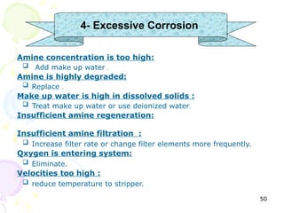 4- Excessive Corrosion

Amine concentration is too high:
  Add make up water     .
Amine is highly degraded:
  Replace   .

Make up water is high in dissolved solids :
  Treat make up water or use deionized water.
Insufficient amine regeneration:

Insufficient amine filtration :
  Increase filter rate or change filter elements more frequently.
Qxygen is entering system:
  Eliminate.
Velocities too high :
  reduce temperature to stripper.

                                                                     50
 