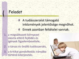 Feladat 
A tudásszerzést támogató 
intézmények jelentősége megnőhet. 
Ennek azonban feltételei vannak. 
1. a megváltozott környezet 
okozta eltérő fejlődés és 
igények figyelembevétele, 
2. a társas és önálló tudásszerzés, 
3. a kritikai gondolkodás irányába 
történő kiterjesztés. 
 