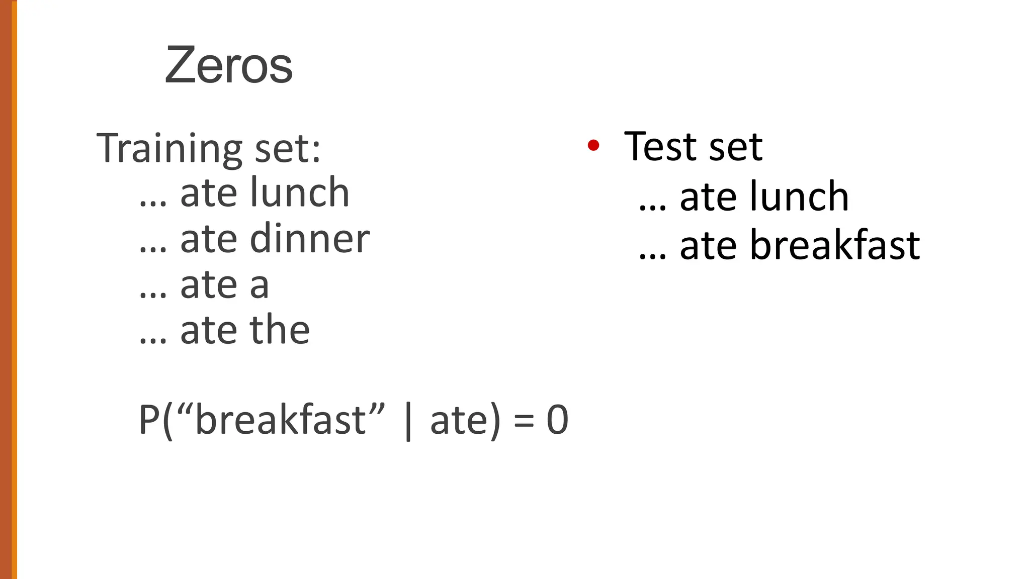 Zeros
Training set:
… ate lunch
… ate dinner
… ate a
… ate the
P(“breakfast” | ate) = 0
• Test set
… ate lunch
… ate breakfast
 