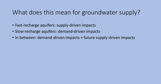What does this mean for groundwater supply?
• Fast-recharge aquifers: supply-driven impacts
• Slow-recharge aquifers: demand-driven impacts
• In between: demand-driven impacts + future supply-driven impacts
 