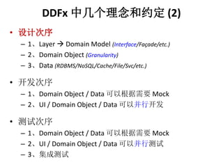 DDFx мԼ(2) 
? ƴ 
C 1Layer ? Domain Model (Interface/Fa?ade/etc.) 
C 2Domain Object (Granularity) 
C 3Data (RDBMS/NoSQL/Cache/File/Svc/etc.) 
?  
C 1Domain Object / Data ԸҪMock 
C 2UI / Domain Object / Data Բп 
? Դ 
C 1Domain Object / Data ԸҪMock 
C 2UI / Domain Object / Data Բв 
C 3ɲ 
 