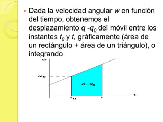    Dada la velocidad angular w en función
    del tiempo, obtenemos el
    desplazamiento q -q0 del móvil entre los
    instantes t0 y t, gráficamente (área de
    un rectángulo + área de un triángulo), o
    integrando
 