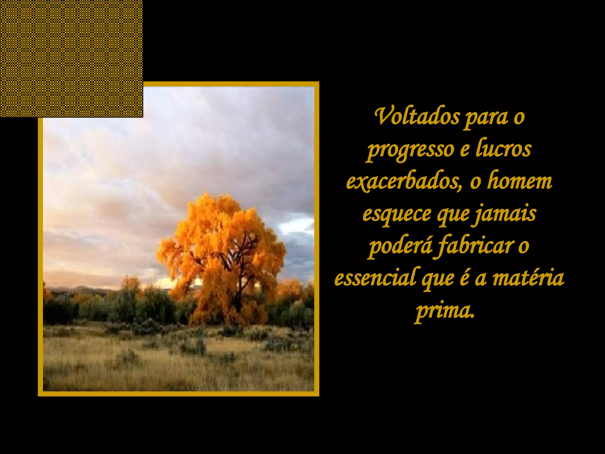 Voltados para o progresso e lucros exacerbados, o homem esquece que jamais poderá fabricar o essencial que é a matéria prima.  