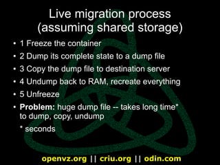 openvz.org || criu.org || odin.com
Solution 1: network swap
● 1 Dump the minimal memory, lock the rest
● 2 Copy, undump wh...