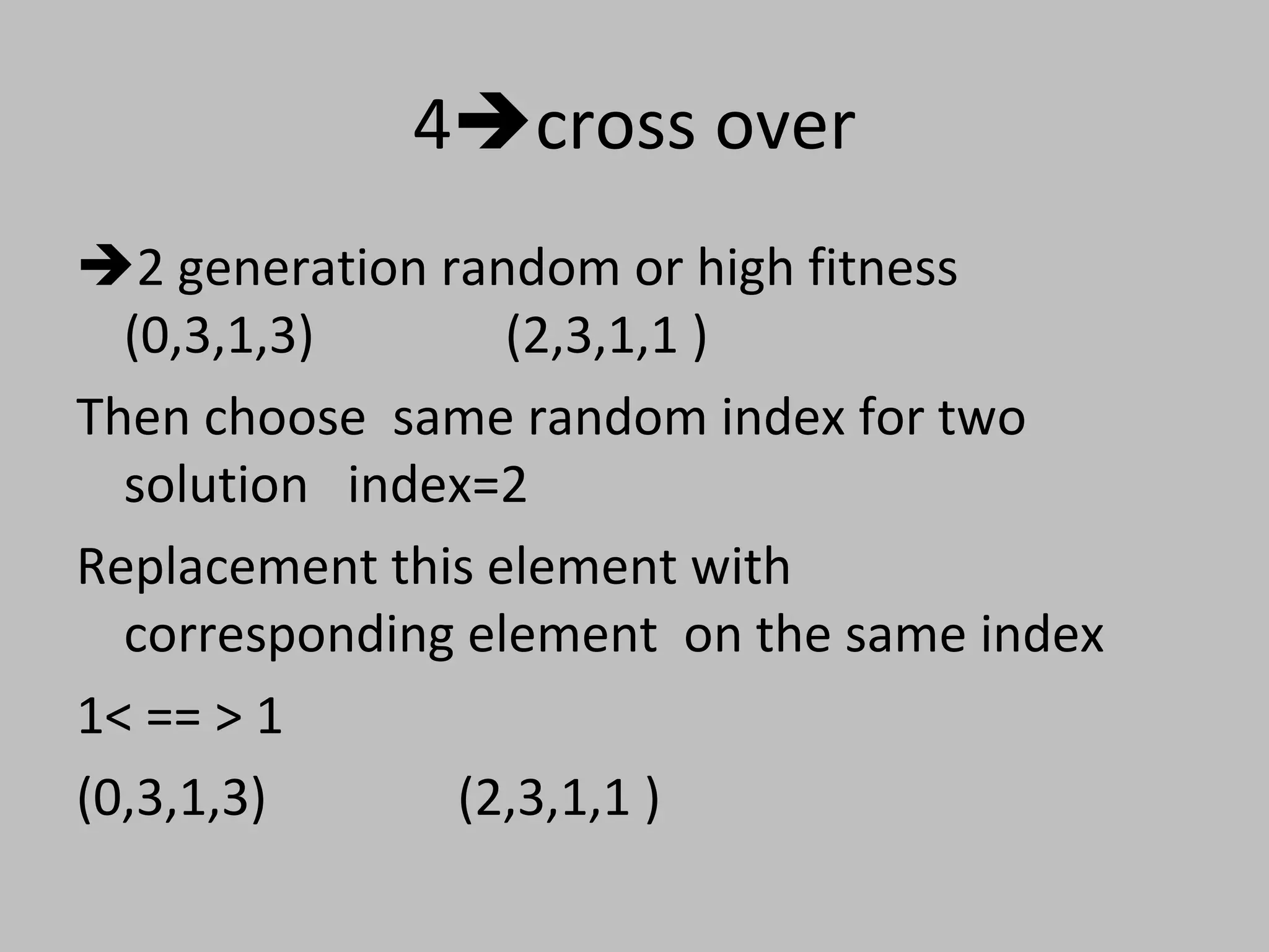 4cross over
2 generation random or high fitness
(0,3,1,3) (2,3,1,1 )
Then choose same random index for two
solution index=2
Replacement this element with
corresponding element on the same index
1< == > 1
(0,3,1,3) (2,3,1,1 )
