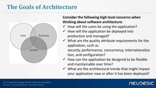The Goals of Architecture
                                                        Consider the following high level concerns when
                                                        thinking about software architecture:
                                                         How will the users be using the application?
                                                         How will the application be deployed into
                                                           production and managed?
                                                         What are the quality attribute requirements for the
                                                           application, such as security, performance,
                                                           concurrency, internationalization, and
                                                           configuration?
                                                         How can the application be designed to be flexible
                                                           and maintainable over time?
                                                         What are the architectural trends that might impact
                                                           your application now or after it has been deployed?

The Trusted Technology Partner in Business Innovation
Products | Consulting Services | Managed Services
 
