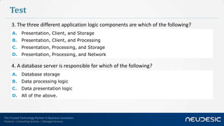 Test
      3. The three different application logic components are which of the following?
      A. Presentation, Client, and Storage
      B.      Presentation, Client, and Processing
      C.      Presentation, Processing, and Storage
      D. Presentation, Processing, and Network

      4. A database server is responsible for which of the following?
      A. Database storage
      B.      Data processing logic
      C.      Data presentation logic
      D. All of the above.



The Trusted Technology Partner in Business Innovation
Products | Consulting Services | Managed Services
 