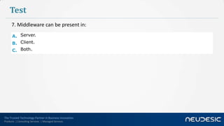 Test
      7. Middleware can be present in:

      A. Server.
      B. Client.
      C. Both.




The Trusted Technology Partner in Business Innovation
Products | Consulting Services | Managed Services
 