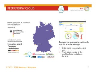 2nd JTC 1 SGBD Meeting - Workshop
BIG
Big Data Public Private Forum
8
PEER ENERGY CLOUD
Smart grid pilot in Saarlouis
100 households
Berlin
SaarlouisInnovation award
Engage consumers to optimally
use local solar energy
 Understand consumption and
save
 Trade solar energy in the
neighborhood to balance
the grid
 
