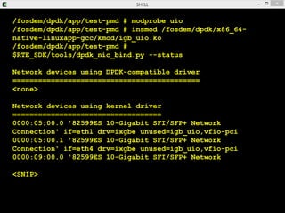 /fosdem/dpdk/app/test-pmd # modprobe uio
/fosdem/dpdk/app/test-pmd # insmod /fosdem/dpdk/x86_64-
native-linuxapp-gcc/kmod/...